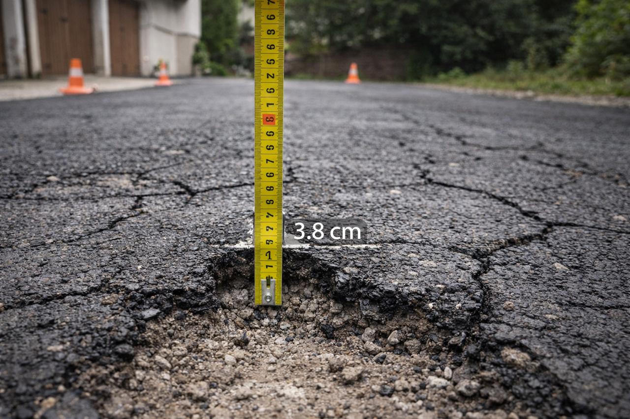 Тънък асфалтов слой под 4 см, измерен с рулетка – признак за компромис с дебелината при асфалтиране на двор