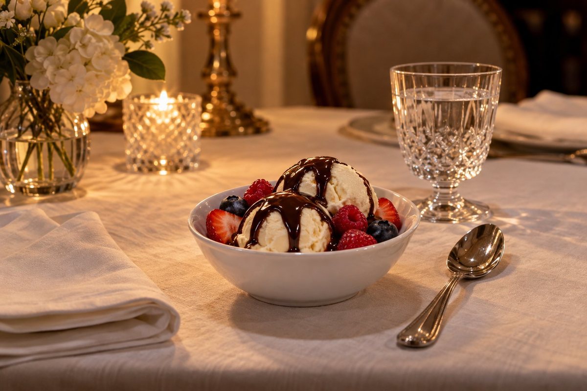 Illustration: vanilla ice cream with berries from the children's menu by private chef Marina Staver, Miami