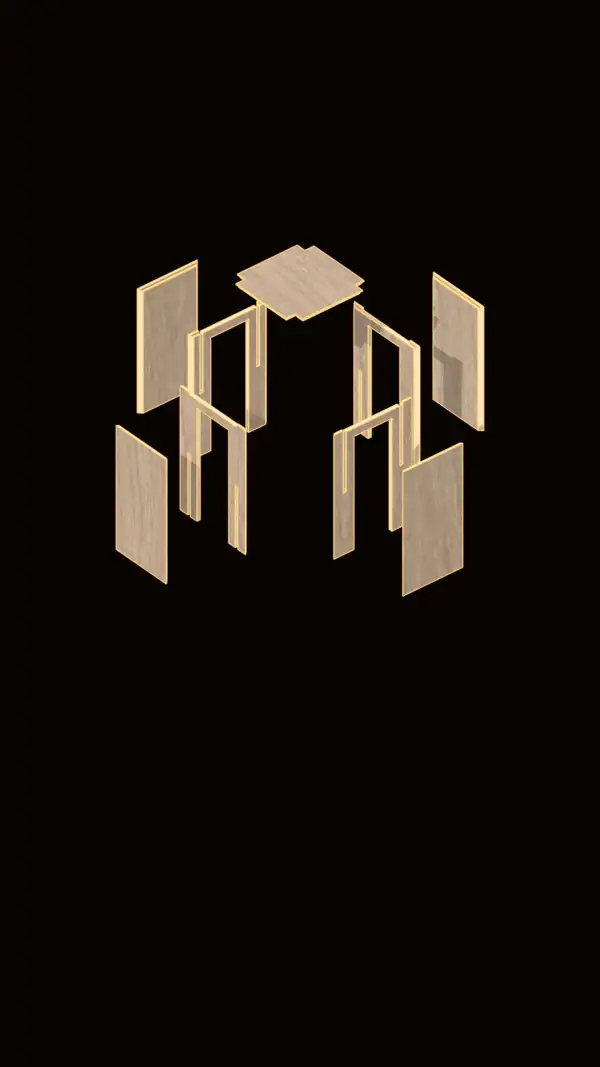 Exploded view of a plywood stool: one seat, four slotted ribs and four side panels.
