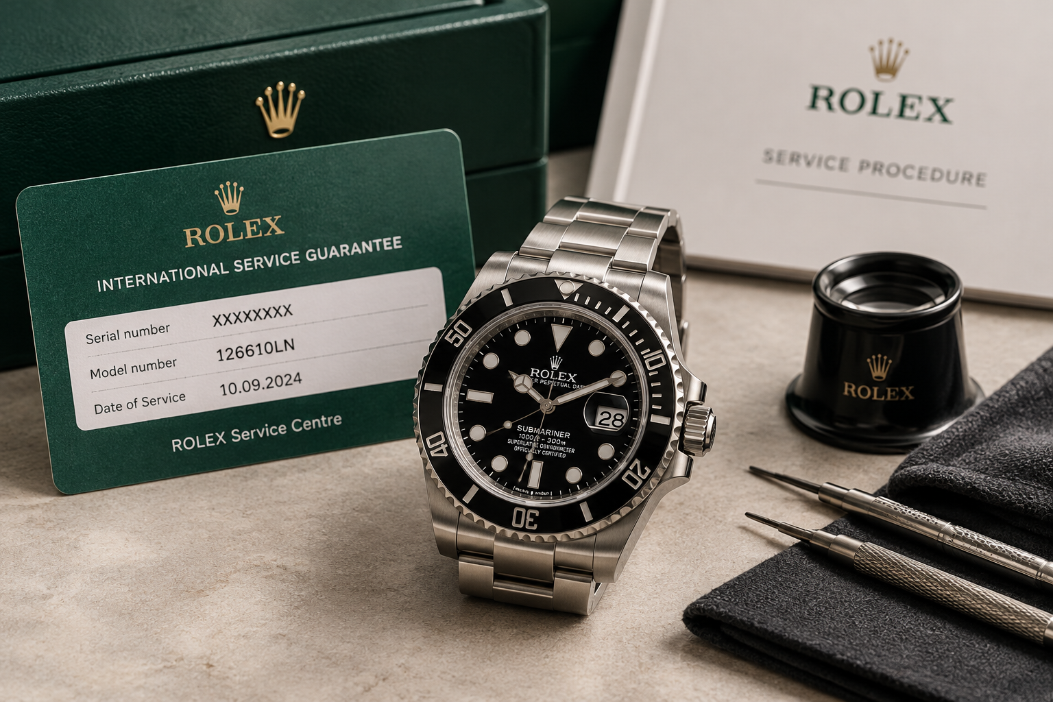 Rolex watch with service documentation, service guarantee card and watchmaker tools reviewed before resale evaluation