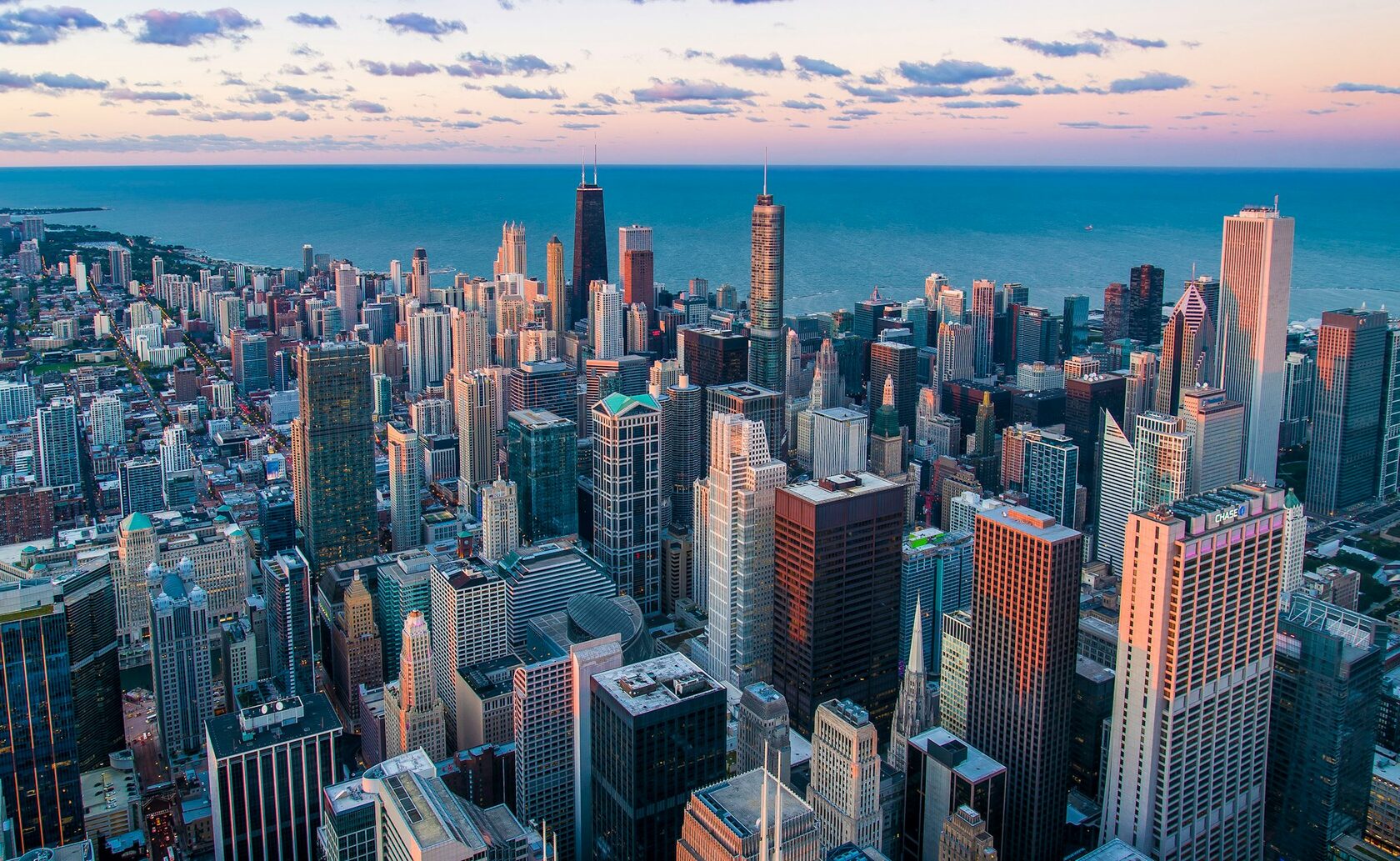 Aerial view of a residential district at dusk