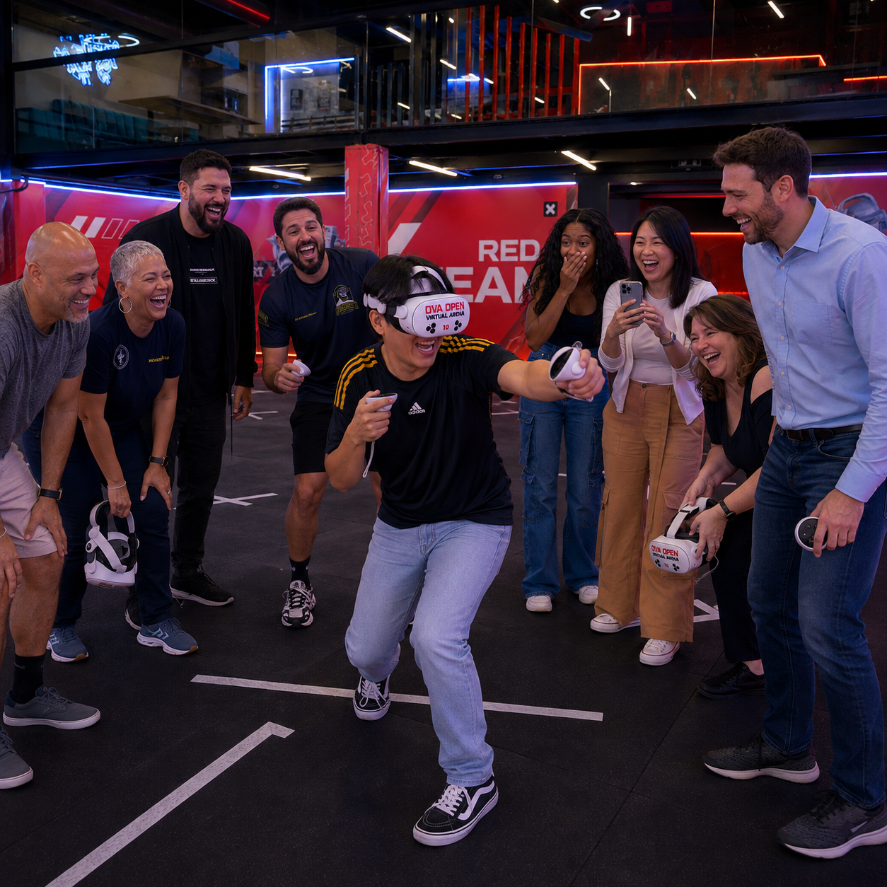 Equipe acompanhando e celebrando uma experiência de realidade virtual na OVA
