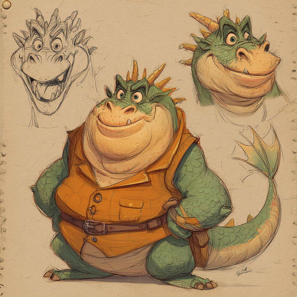 A young artist sketching colourful monster character sheets at a studio table.