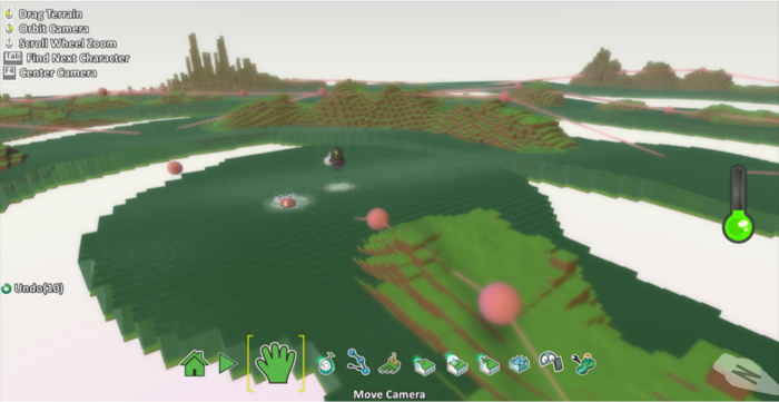 A closer view of the 3D challenge park built by Lotte: green hills, winding paths and pink obstacles