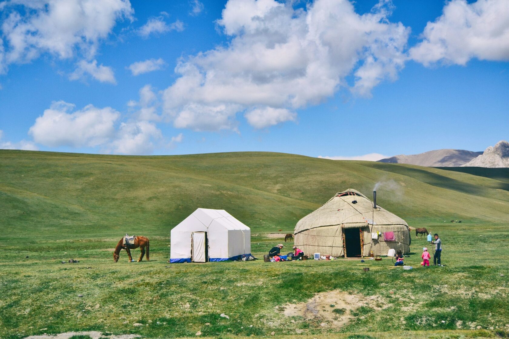 Traditional yurt camp set up in the Kyrgyz mountains