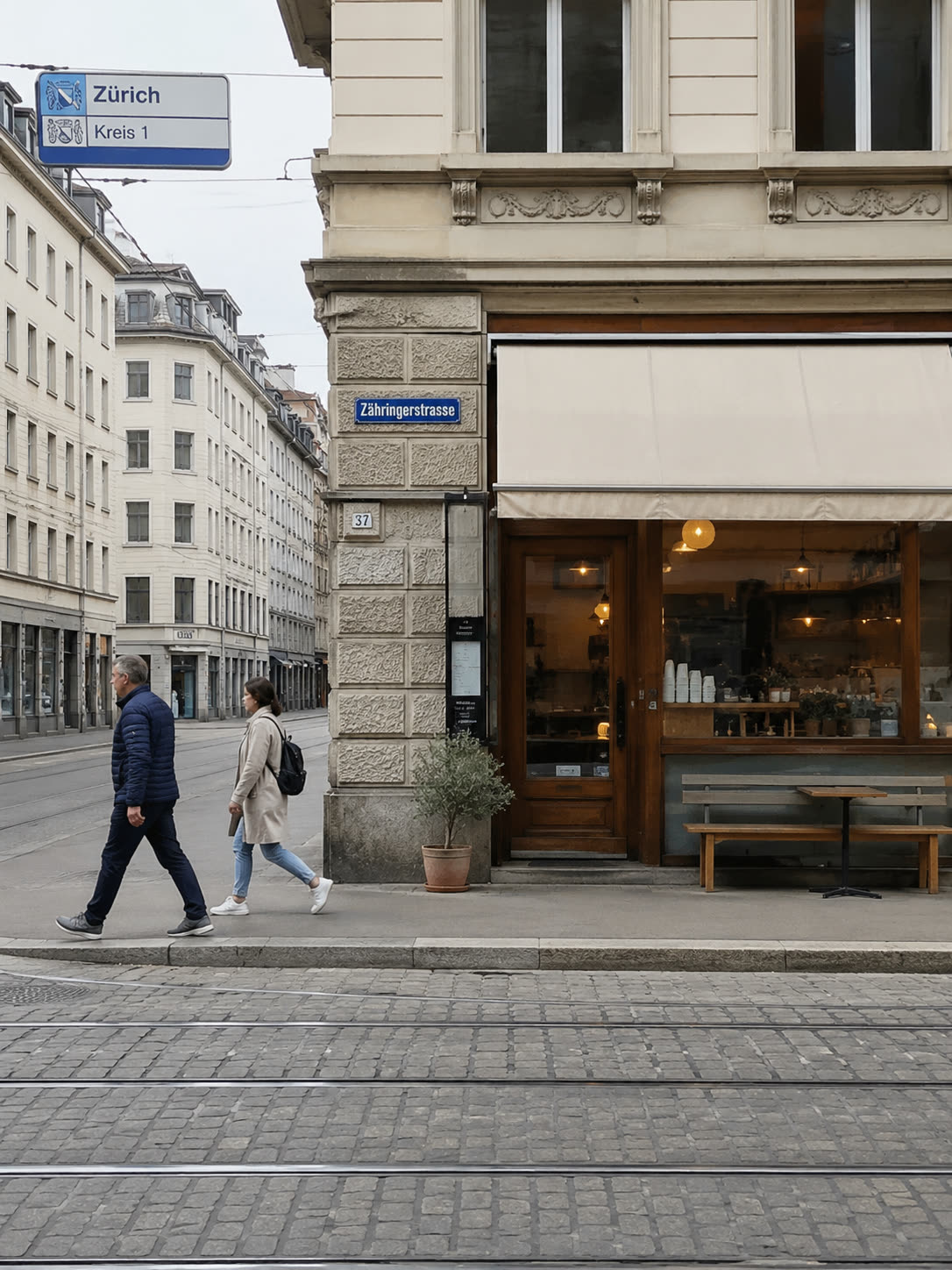 Strasse in Zürich Kreis 1 mit Café-Front an der Zähringerstrasse