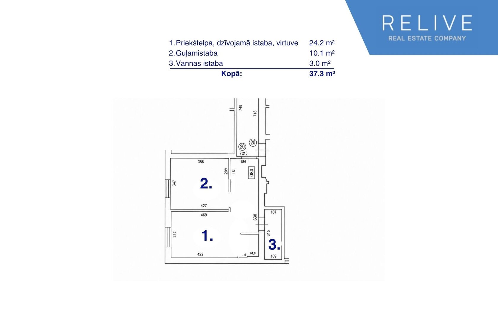 Apartment floor plan at Lāčplēša iela 53 — 2 rooms, 37.3 m², 3rd floor of 5