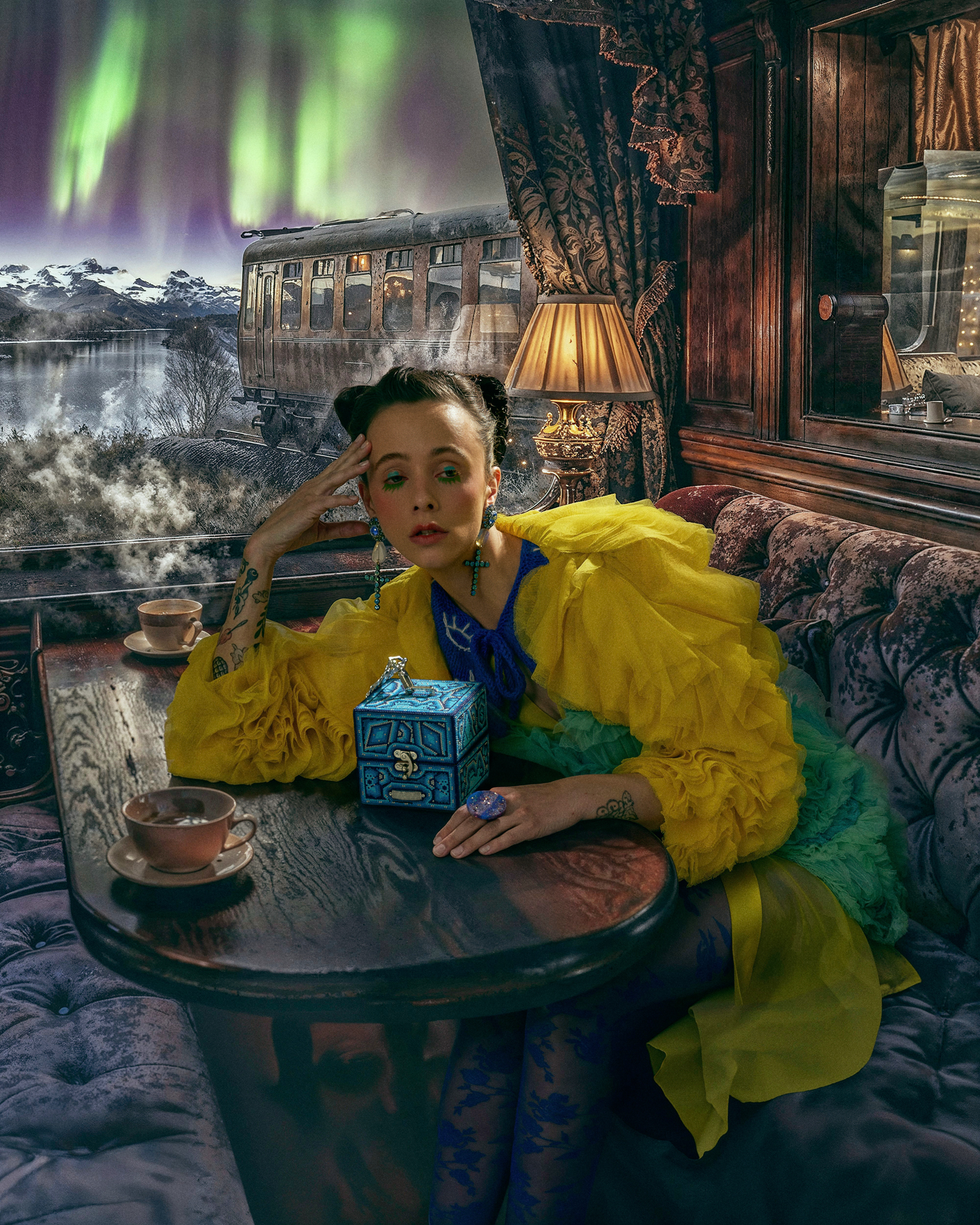 Poor Things fashion editorial inside a surreal train