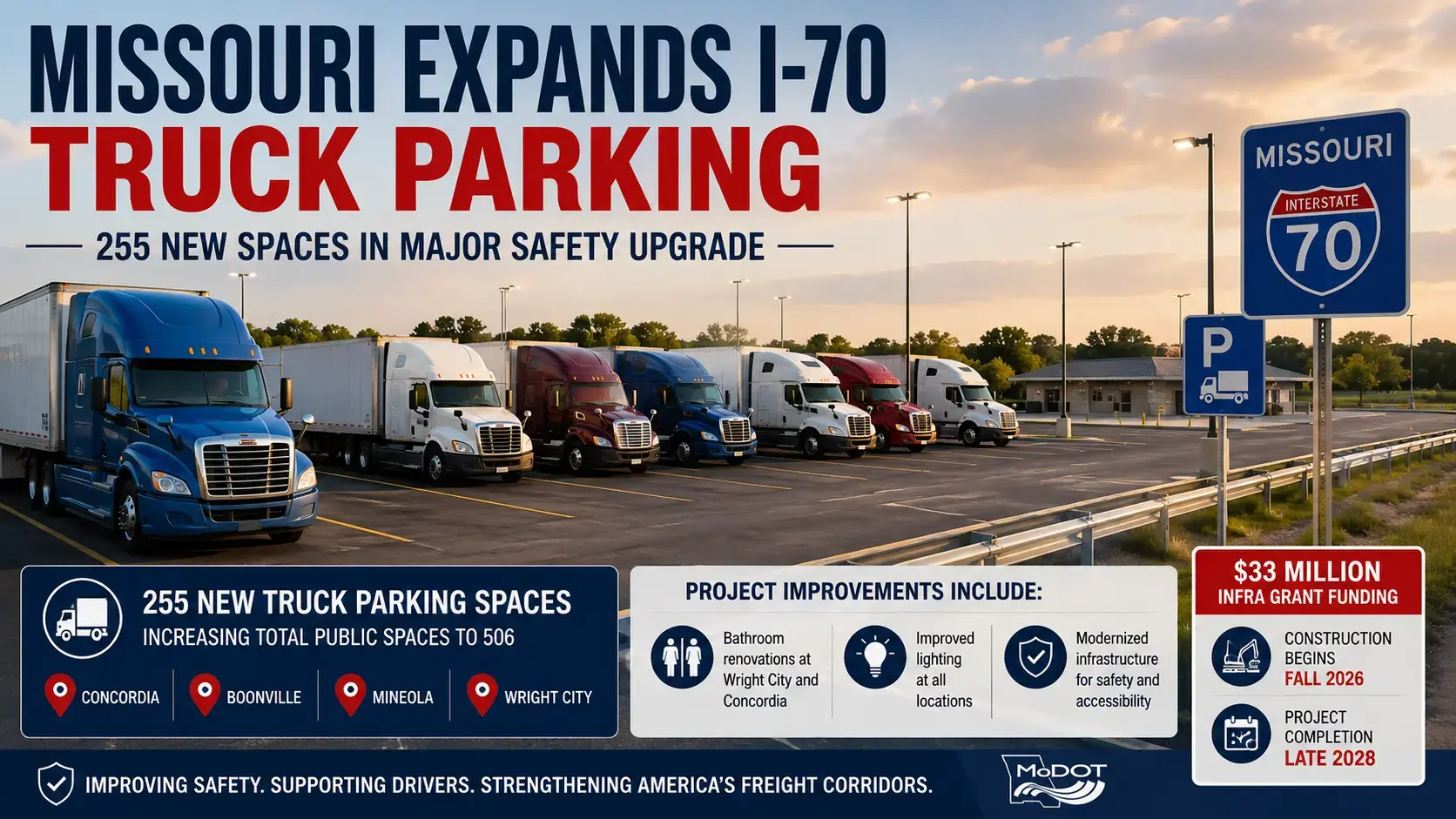 Commercial trucks parked at a modern rest area