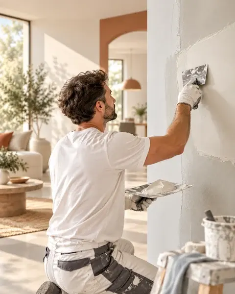 Maler bei professionellen Innenarbeiten in einem Wohnraum