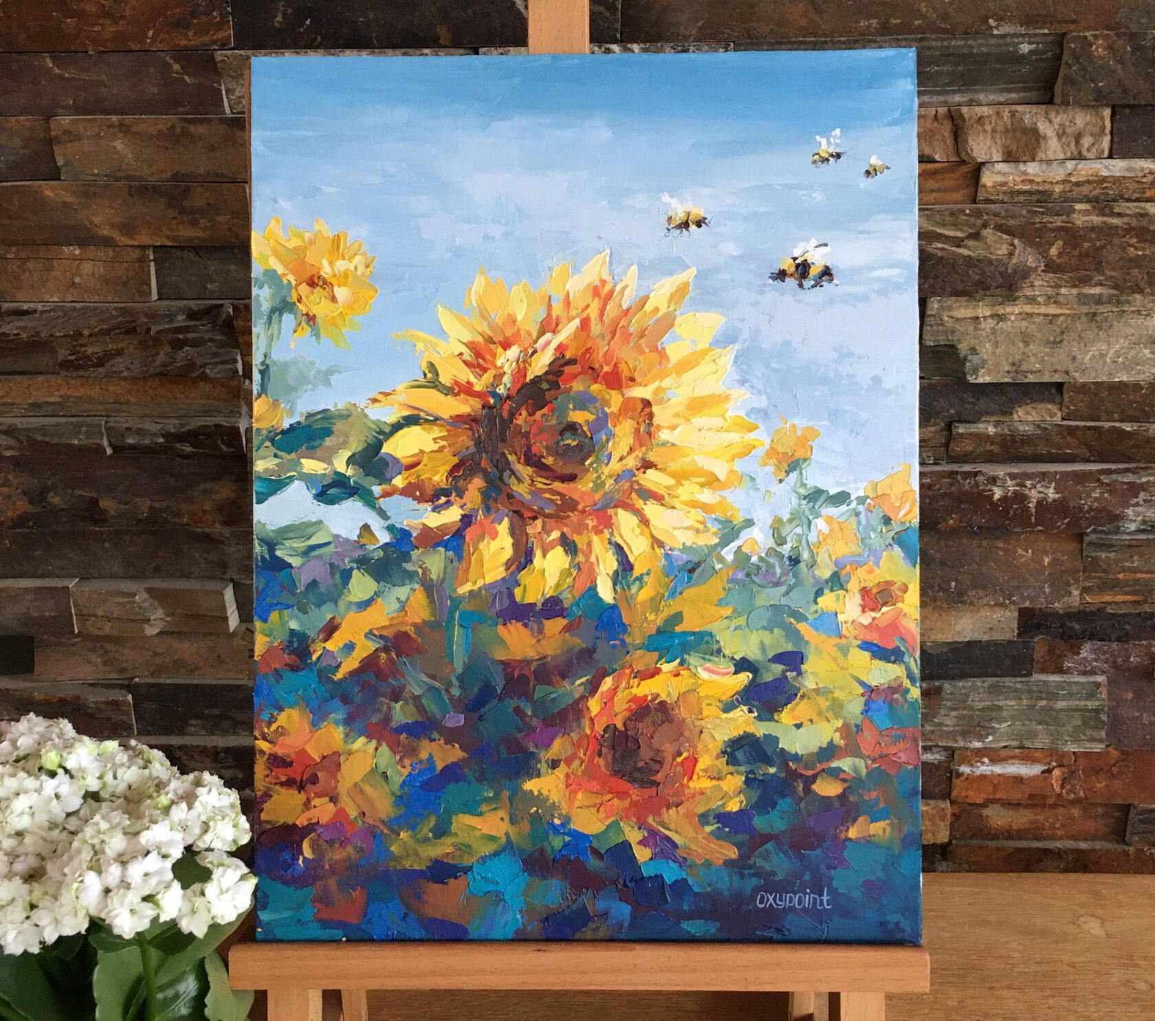 Sunflowers oil painting, flowers abstract art, sunflower knife painting, artist OXYPOINT Oxana Kravtsova, painting for sale