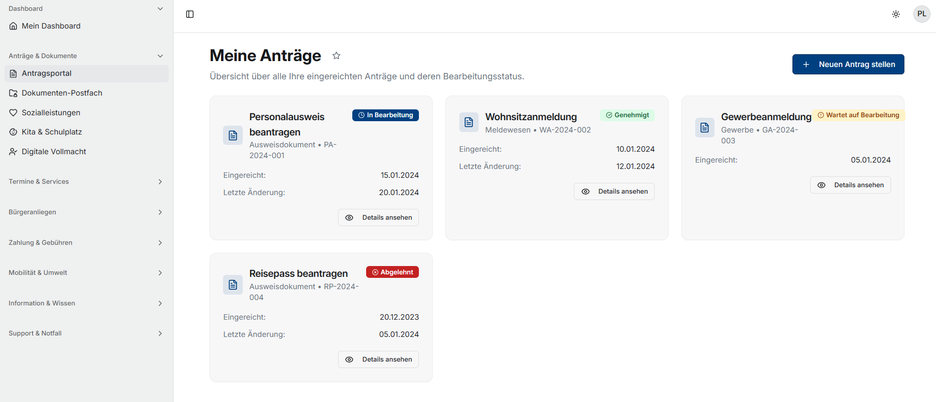 Aufgabenübersicht für Verwaltungsmitarbeitende mit Anträgen und Bearbeitungsstatus