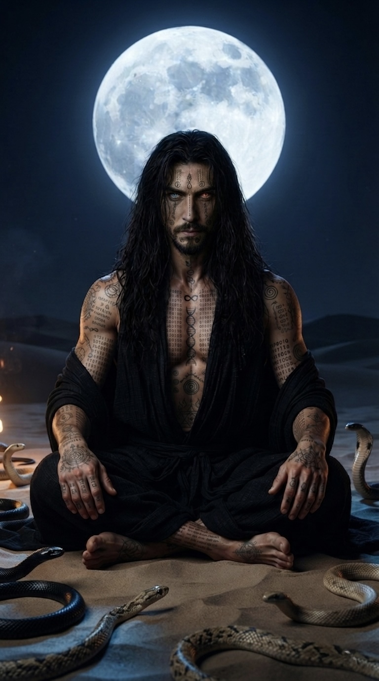 The Shaman surrounded by snakes beneath the moon
