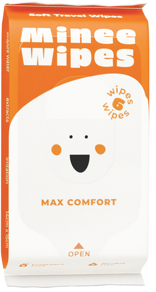Orange Minee Wipes mini pack labeled Max Comfort – compact, unscented wipes for daily use.