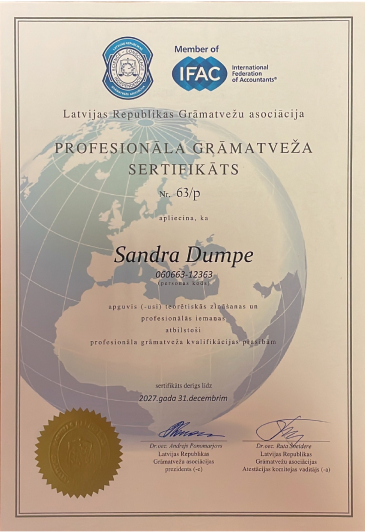 Sandras Dumpes grāmatvedības biroja profesionālā grāmatveža sertifikāts 
