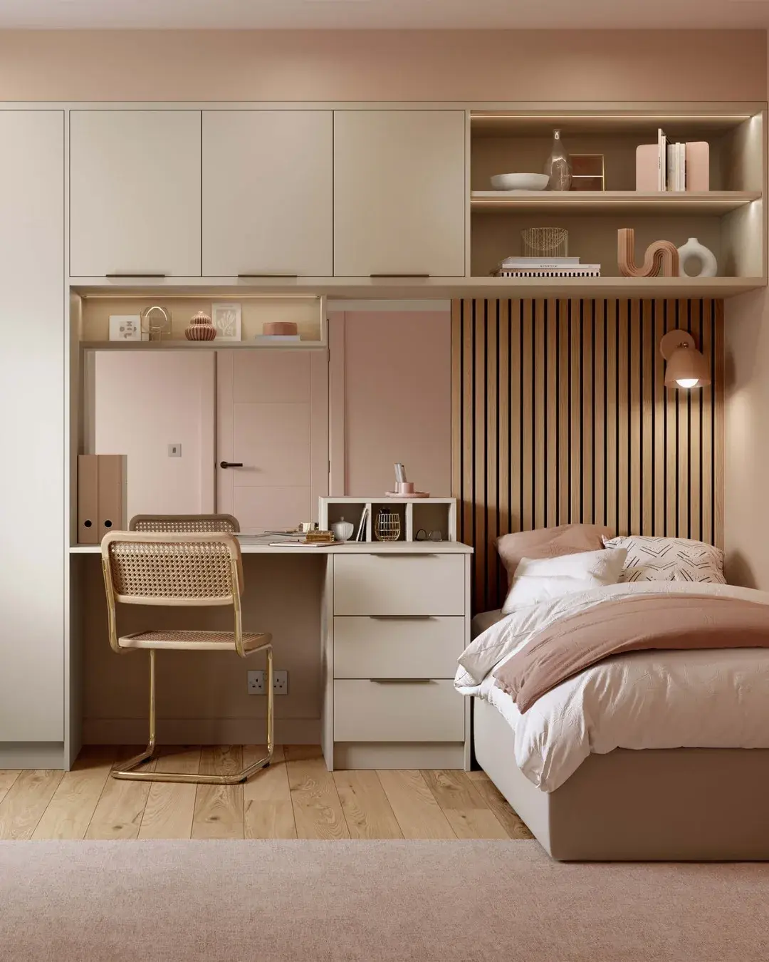 Luxury bespoke master bedroom suite with coordinated fitted furniture
