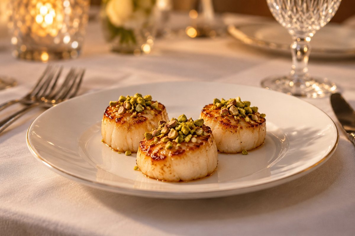Illustration: scallop with pistachios from an anniversary menu by private chef Marina Staver, Miami