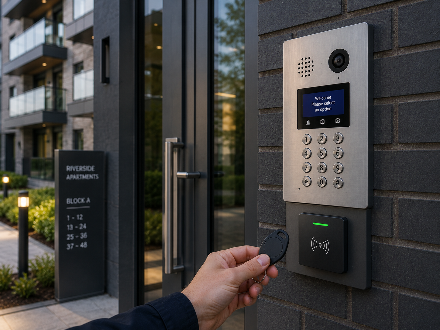 Apartment block entrance with access control