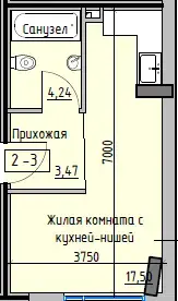Планировка 1-комнатной квартиры в ЖК Пространство на Раскидайловской — вариант 1