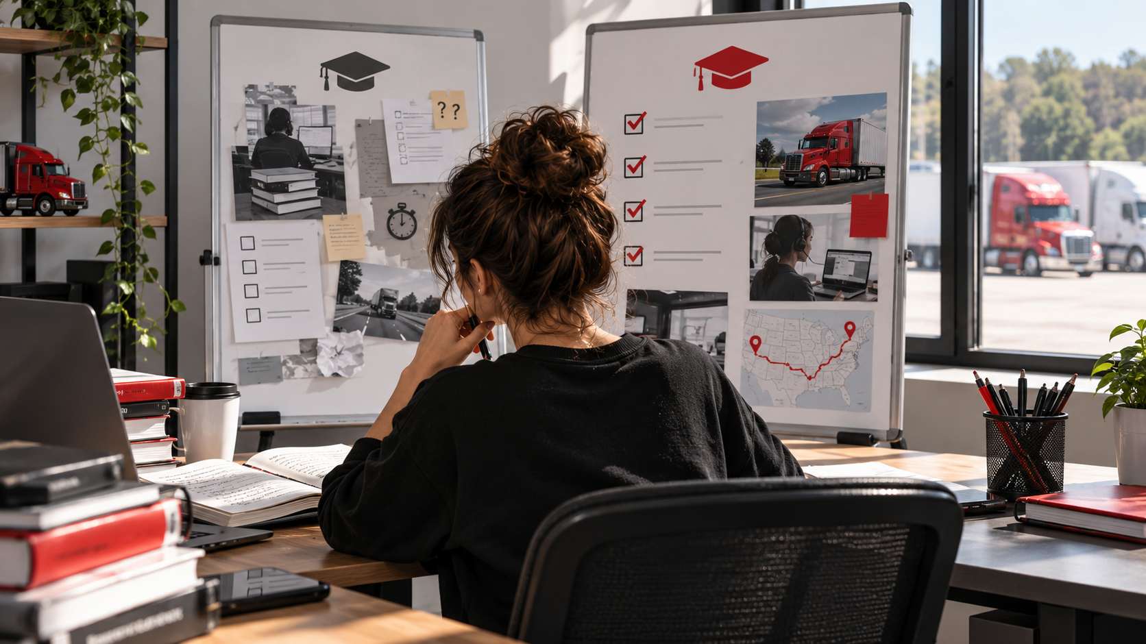 A learner comparing a free self-study path and a structured training path on two simple planning boards
