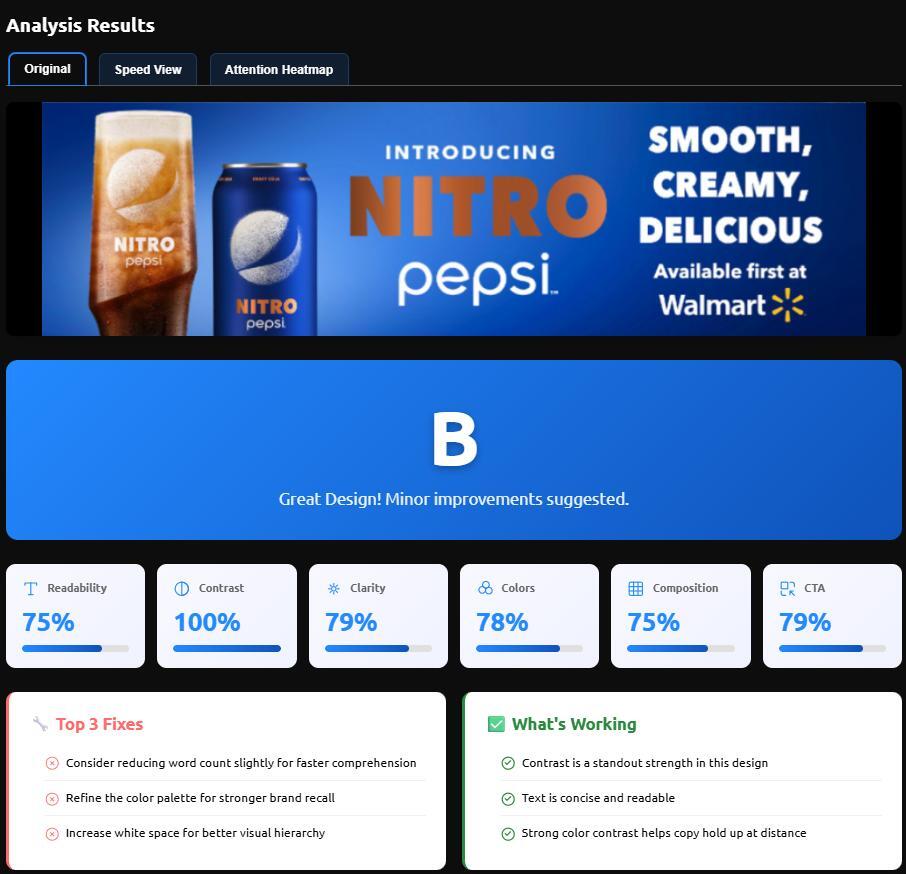 Ad Corrector analysis screenshot showing grade, scores, and recommended fixes for a Nitro Pepsi billboard