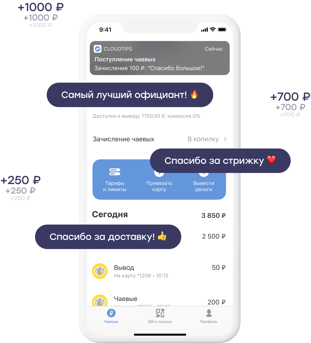 Безналичные чаевые картой официанту, курьеры и другим работникам сферы услуг
