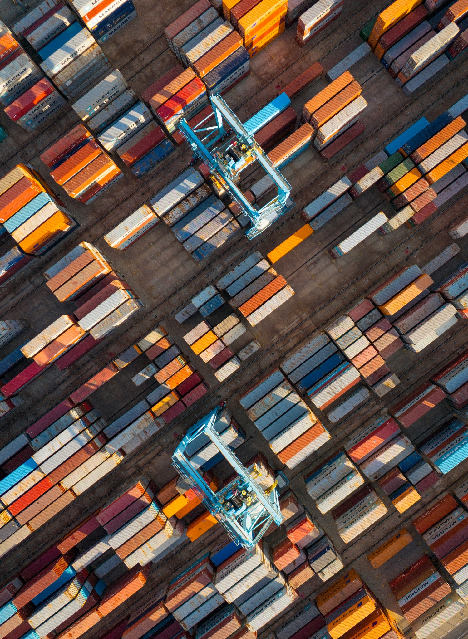Aerial view of containers at a port terminal