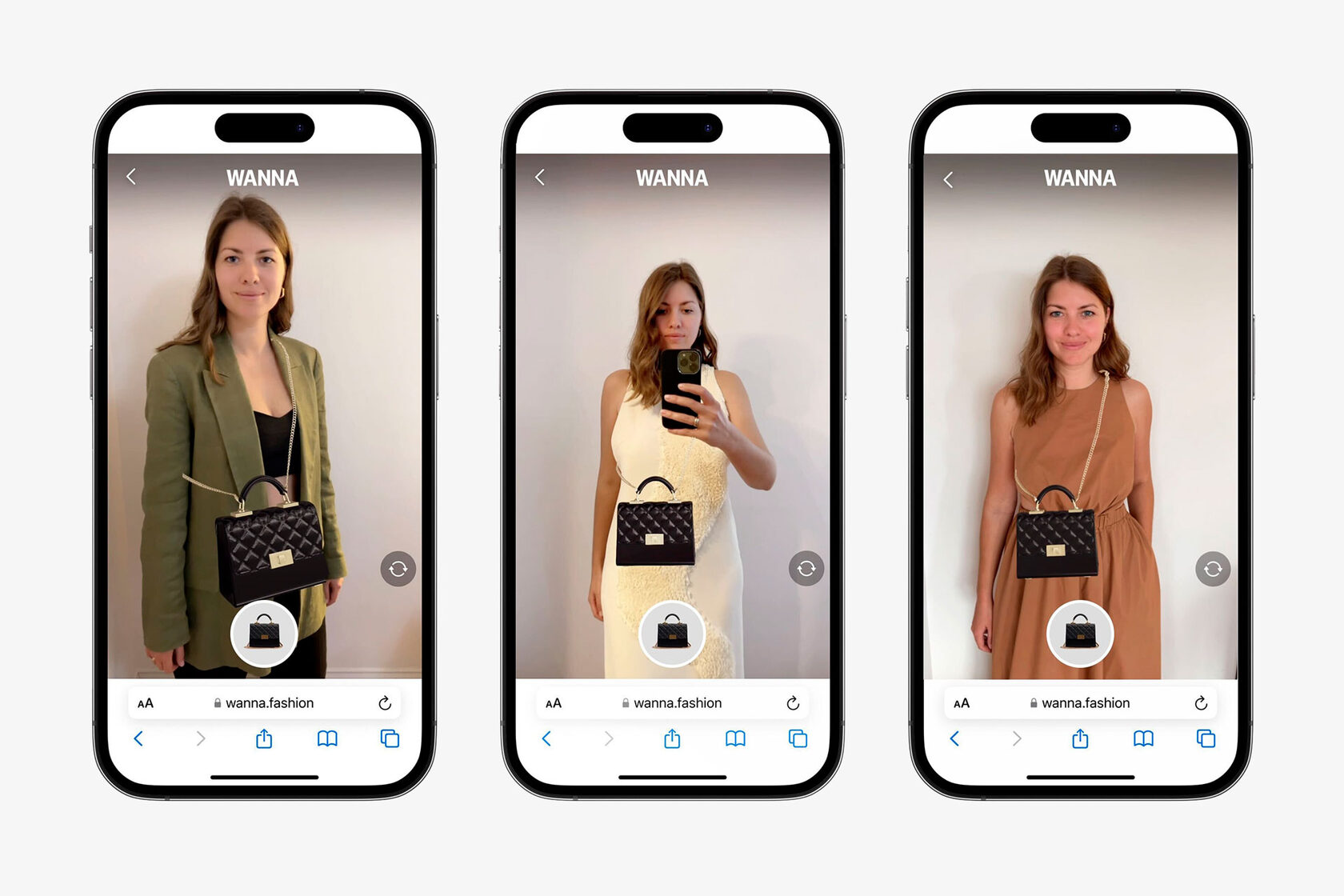 Three smartphones showing virtual try-on technology for bags, each displaying a woman posing with different handbags in a mirror selfie.