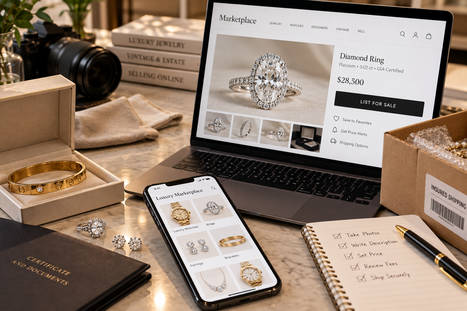 Luxury jewelry listed for sale on an online marketplace with photos, documents and insured shipping