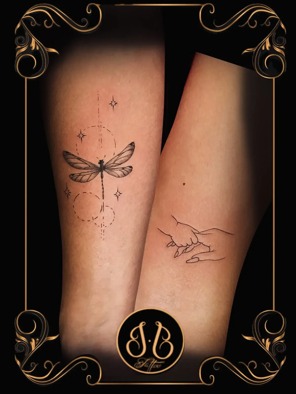 Tatouages fine line libellule et mains sur l'avant-bras, réalisés chez Ino-Ink en Essonne