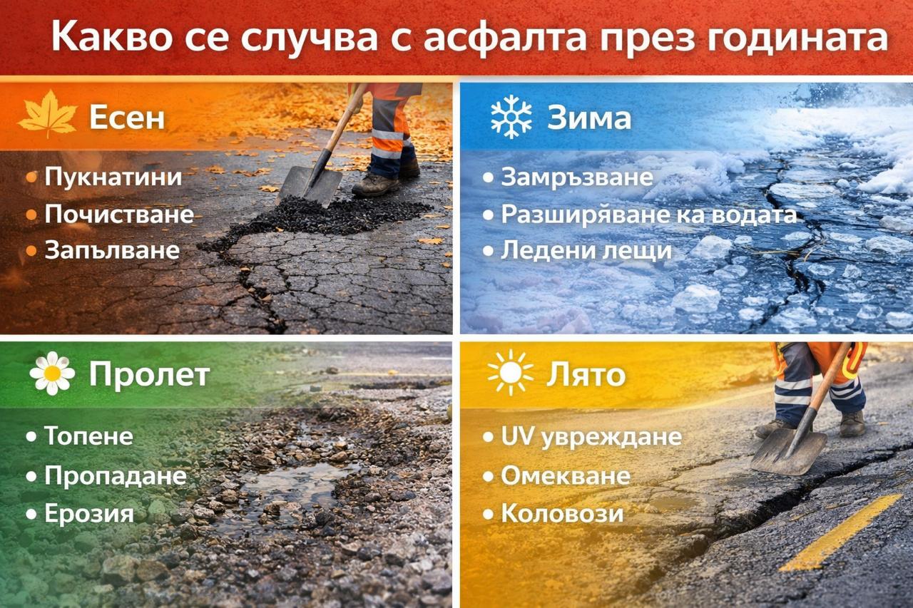 Сезонно въздействие върху асфалта – есенни пукнатини, зимно замръзване, пролетно пропадане и летни UV увреждания