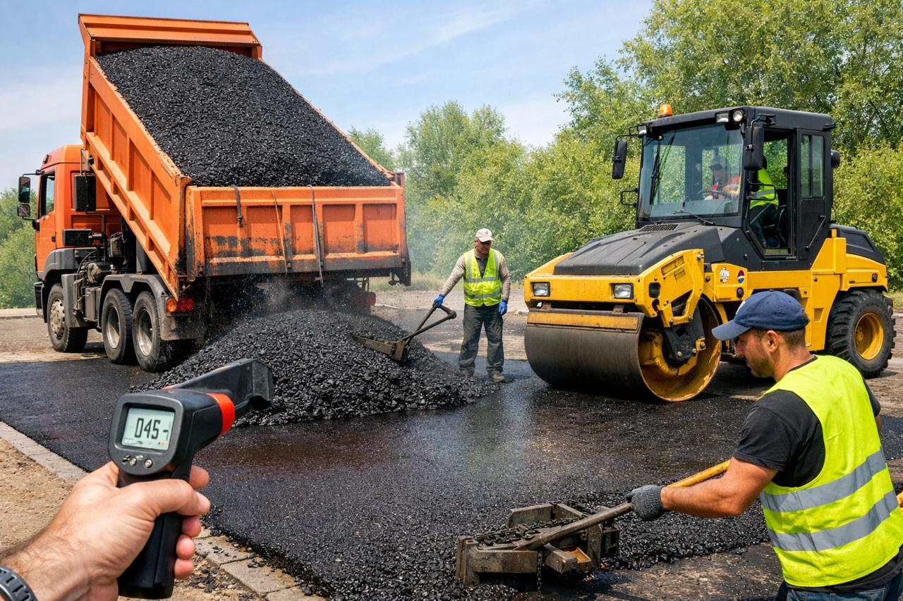 Процес на асфалтиране – разтоварване на асфалт от камион, контрол на температурата и уплътняване с вибрационен валяк