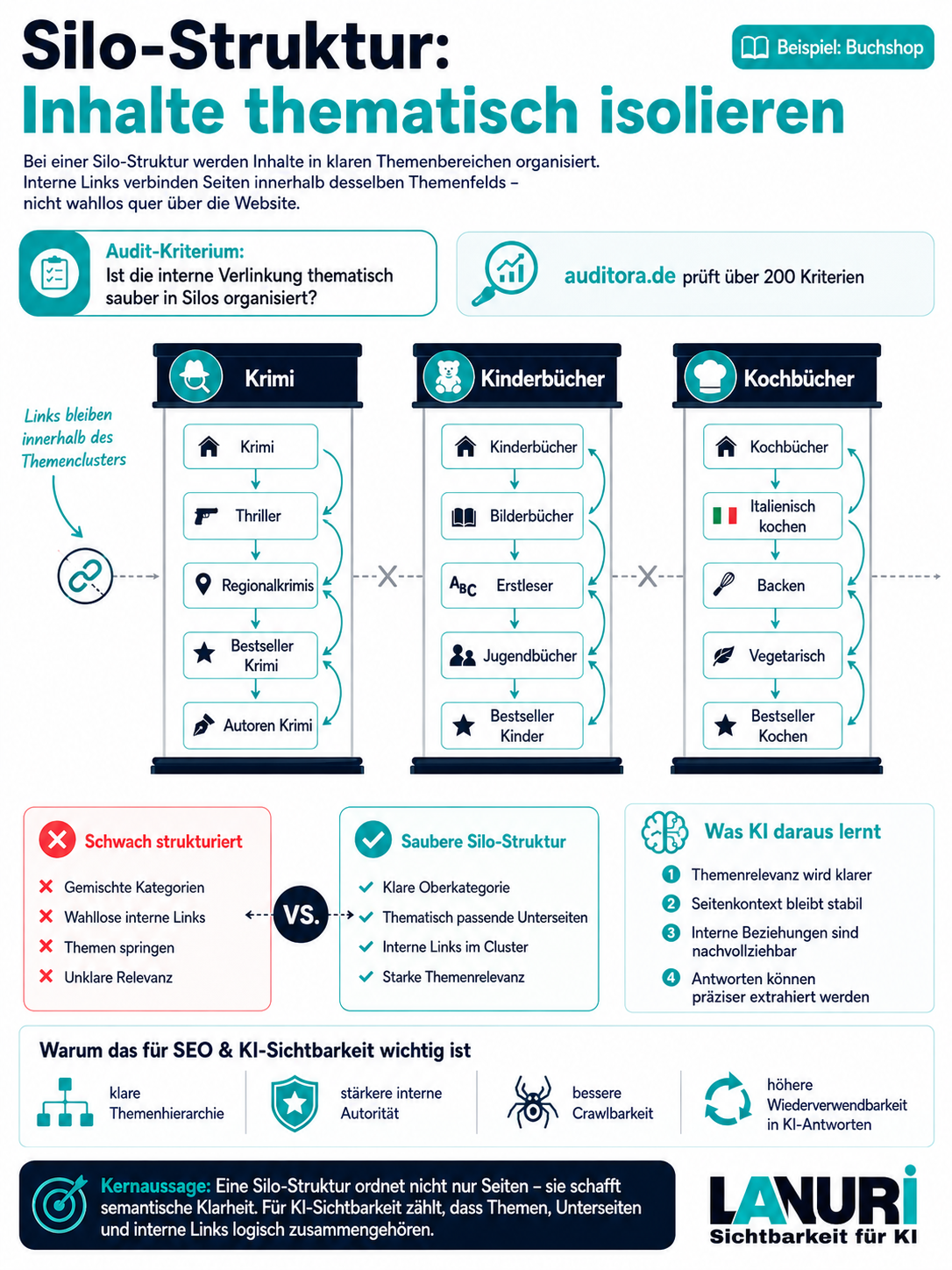 LANURI Infografik: Silo-Struktur - Inhalte thematisch isolieren. Organisation von Inhalten in thematischen Clustern mit interner Verlinkung innerhalb des eigenen Themenfelds.