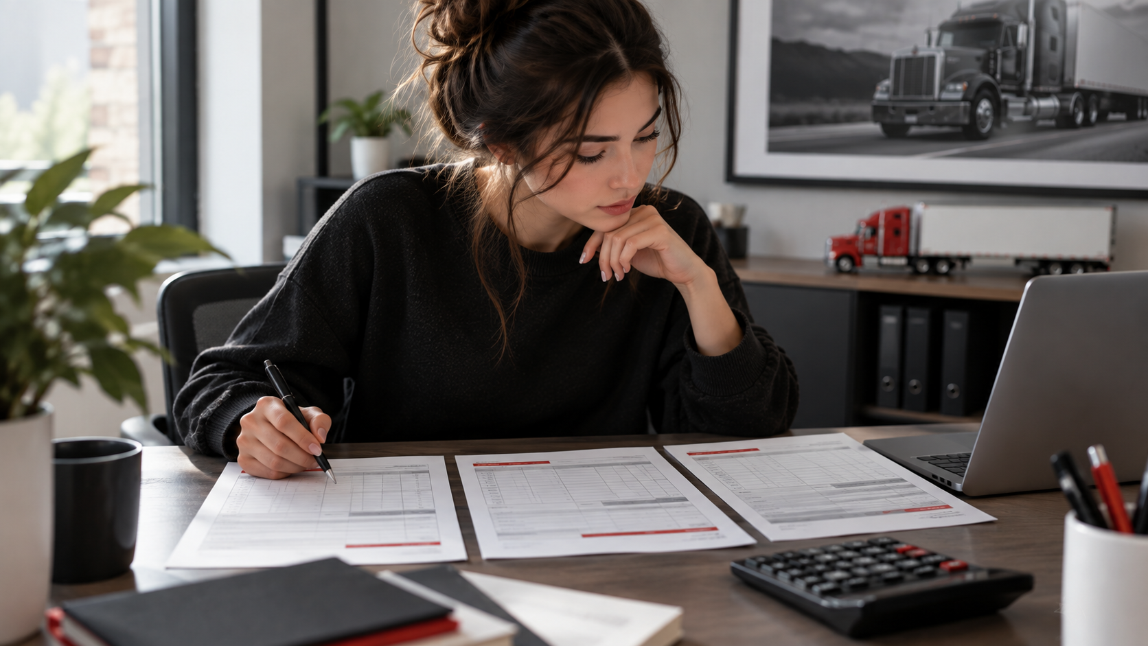 Dispatcher comparing separate revenue, fee, and expense worksheets.