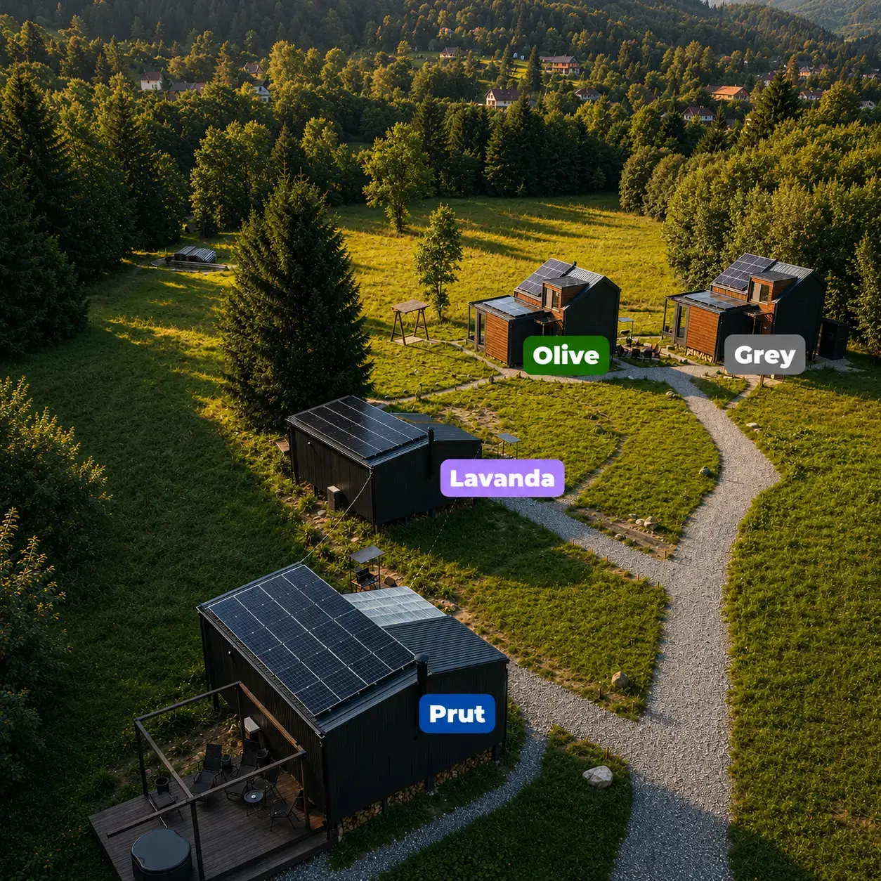 TYSHA — аэропанорама курорта в Татарове: дома Olive, Grey, Lavanda и Prut среди леса