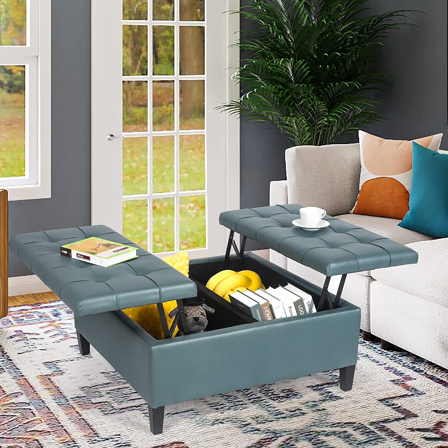 Pouffes For Living Room Tbfit Large Square Storage Ottoman Bench, Tufted  Upholstered Coffee Table Ottomans With Lift Top \u0026 Solid Wood Legs,  Oversized Storage Ottomans Toy Box For Living Room (Black Velvet, image size:1500x1500