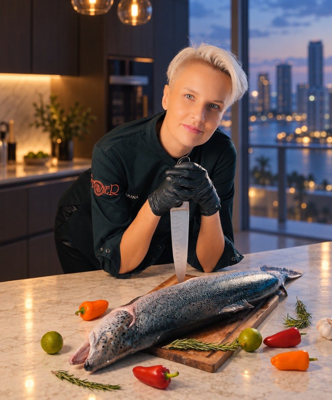 Private chef Marina Staver in a Miami kitchen with a whole salmon before a chef-for-a-night dinner
