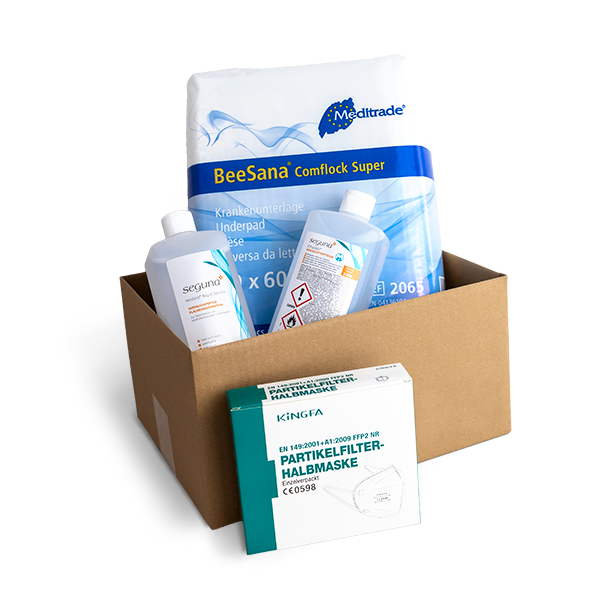 Pflegebox mit Pflegehilfsmitteln, Desinfektionsmittel, Handschuhen, Bettschutz, Masken zur häuslichen Pflege bei allen Pflegegraden