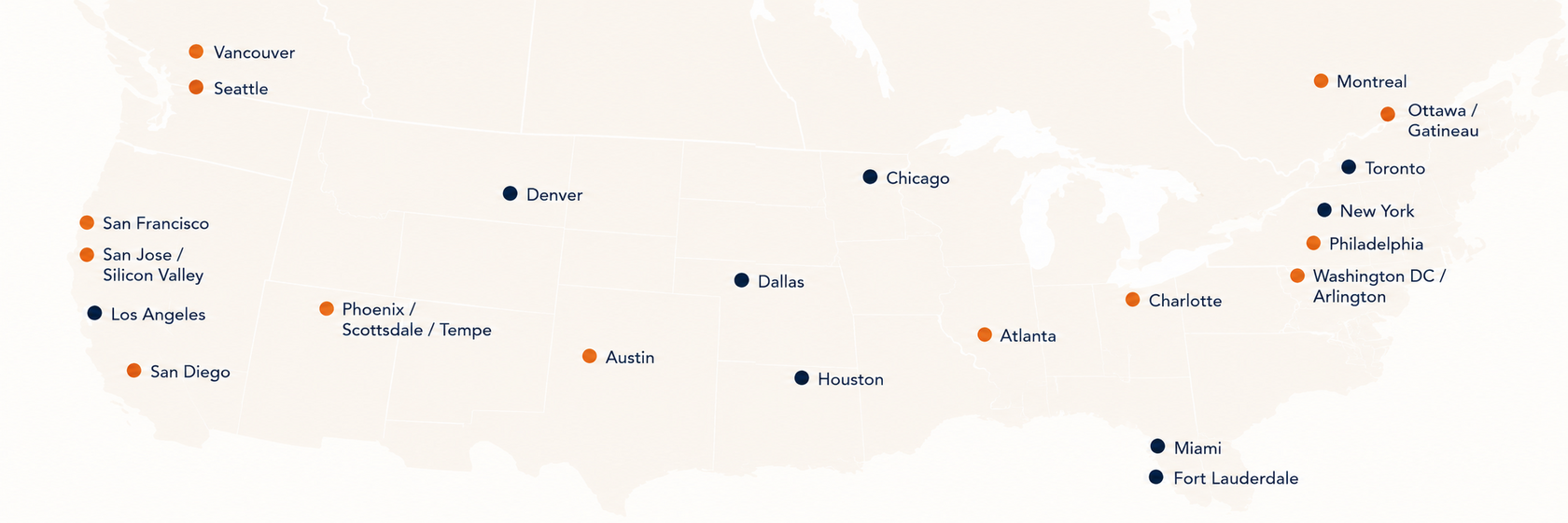 Map showing current and planned Pottery Studio 1 locations across the United States and Canada