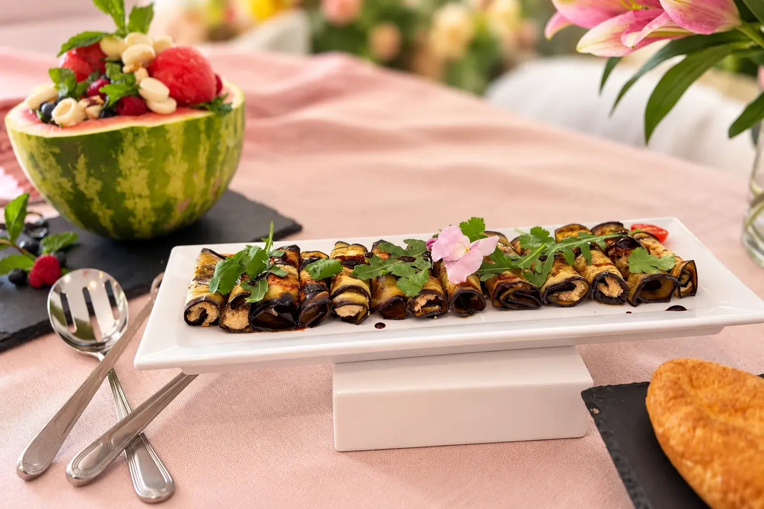 Grilled eggplant rolls with arugula — a daytime party I cooked this spring, Miami private chef Marina Staver