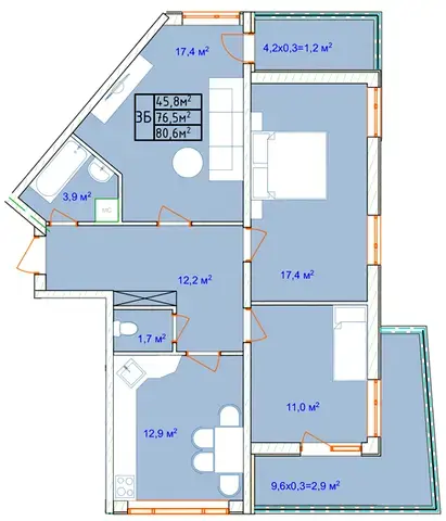 Планування 3-кімнатної квартири в ЖК Aqua Marine — варіант 6