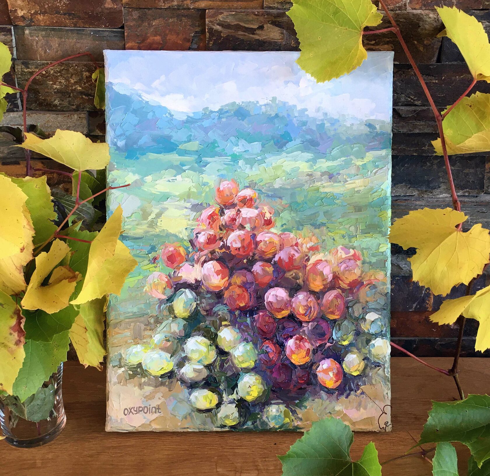 Grapes, oil painting of grapes, bunches of grapes, vineyard