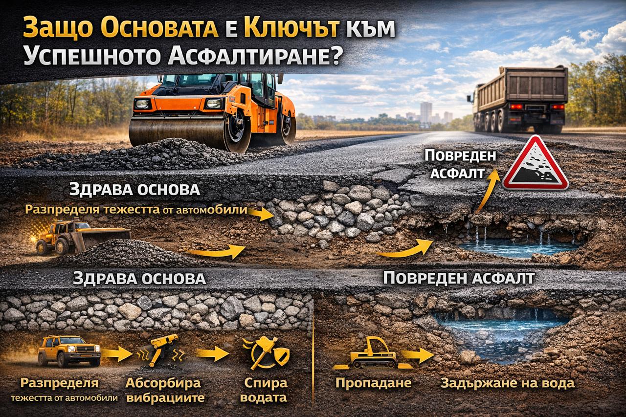 Здрава основа от чакъл и трошен камък при асфалтиране в София – разрез на настилка с правилна конструкция и дренаж