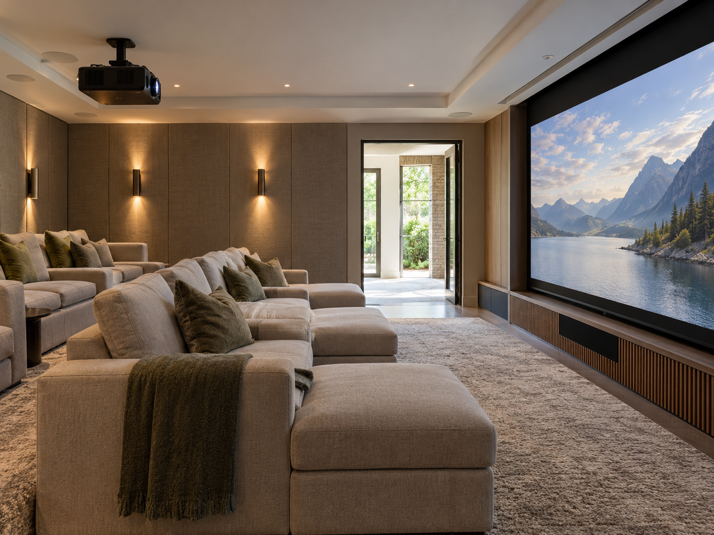 Concept home cinema showing projector, screen and viewing positions