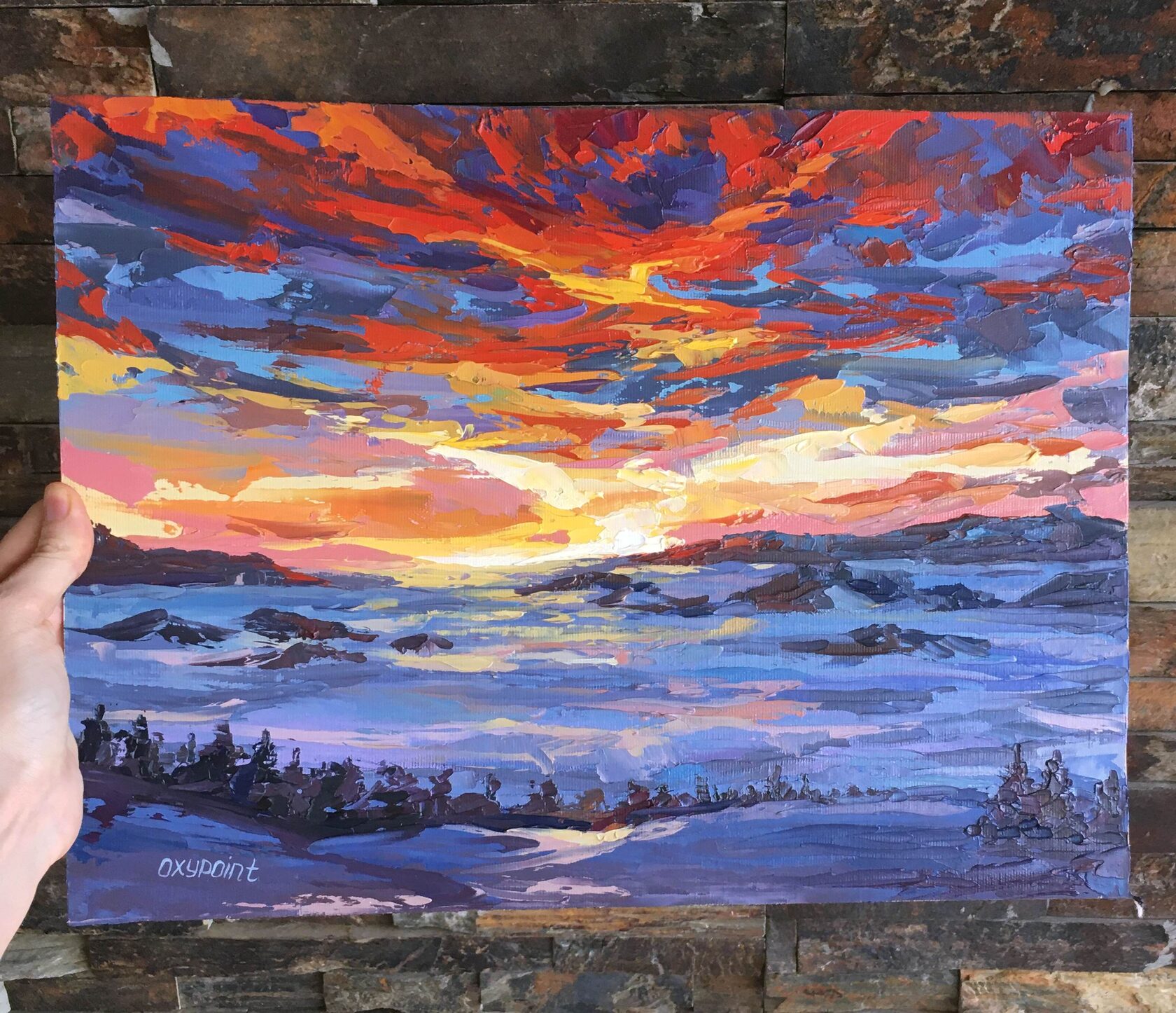 Sunset in the mountains oil painting, Alps abstract art, Mountain landscape knife painting, artist OXYPOINT Oxana Kravtsova, painting for sale 