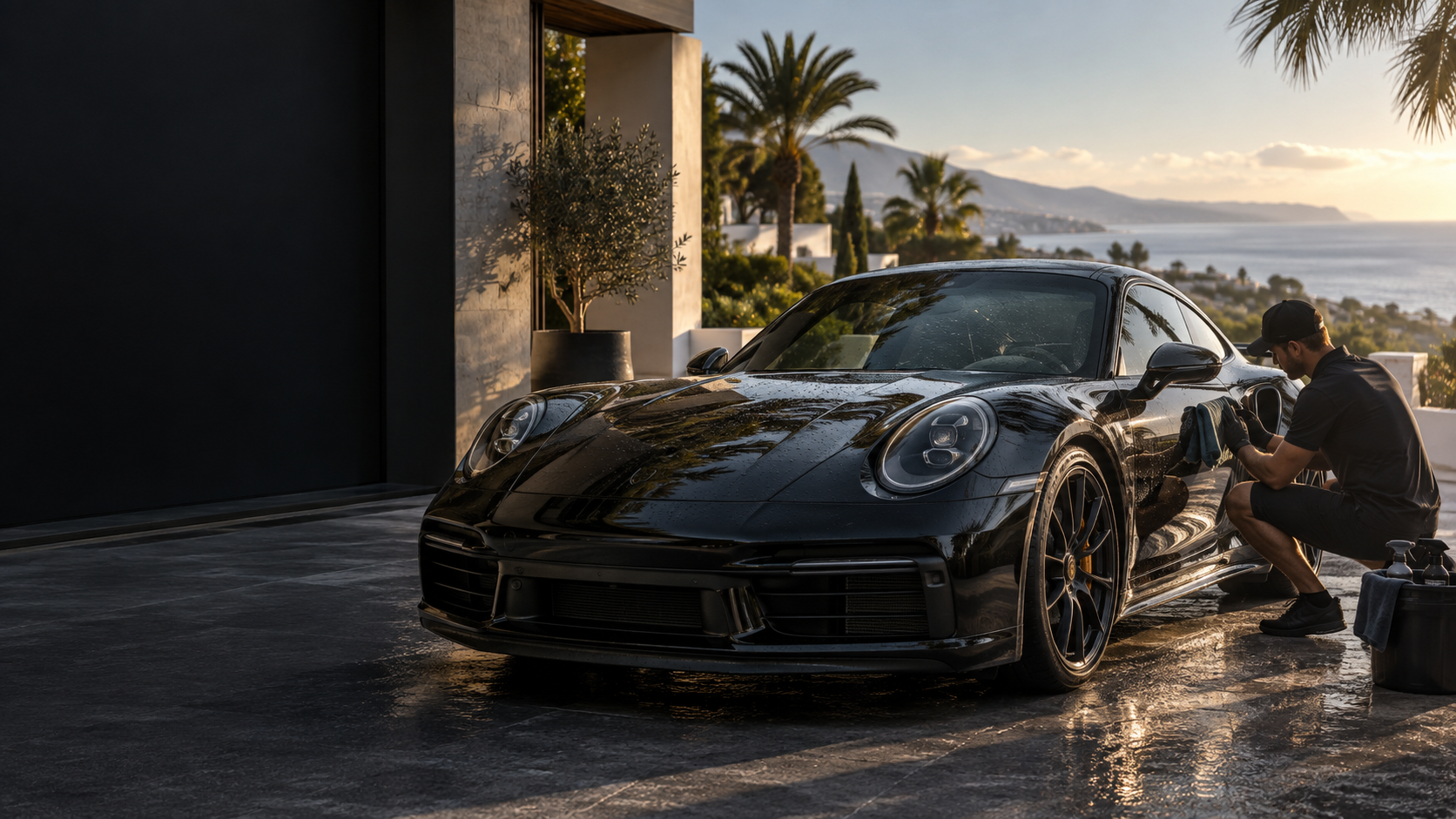 Black Porsche 911 being detailed at a villa on the Costa del Sol