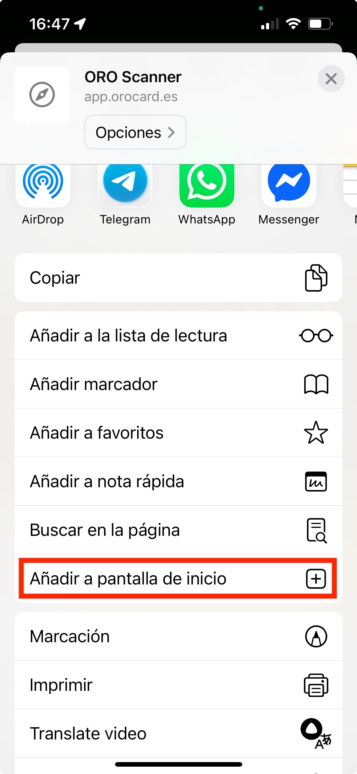 acceso directo al escáner en la pantalla de inicio del móvil