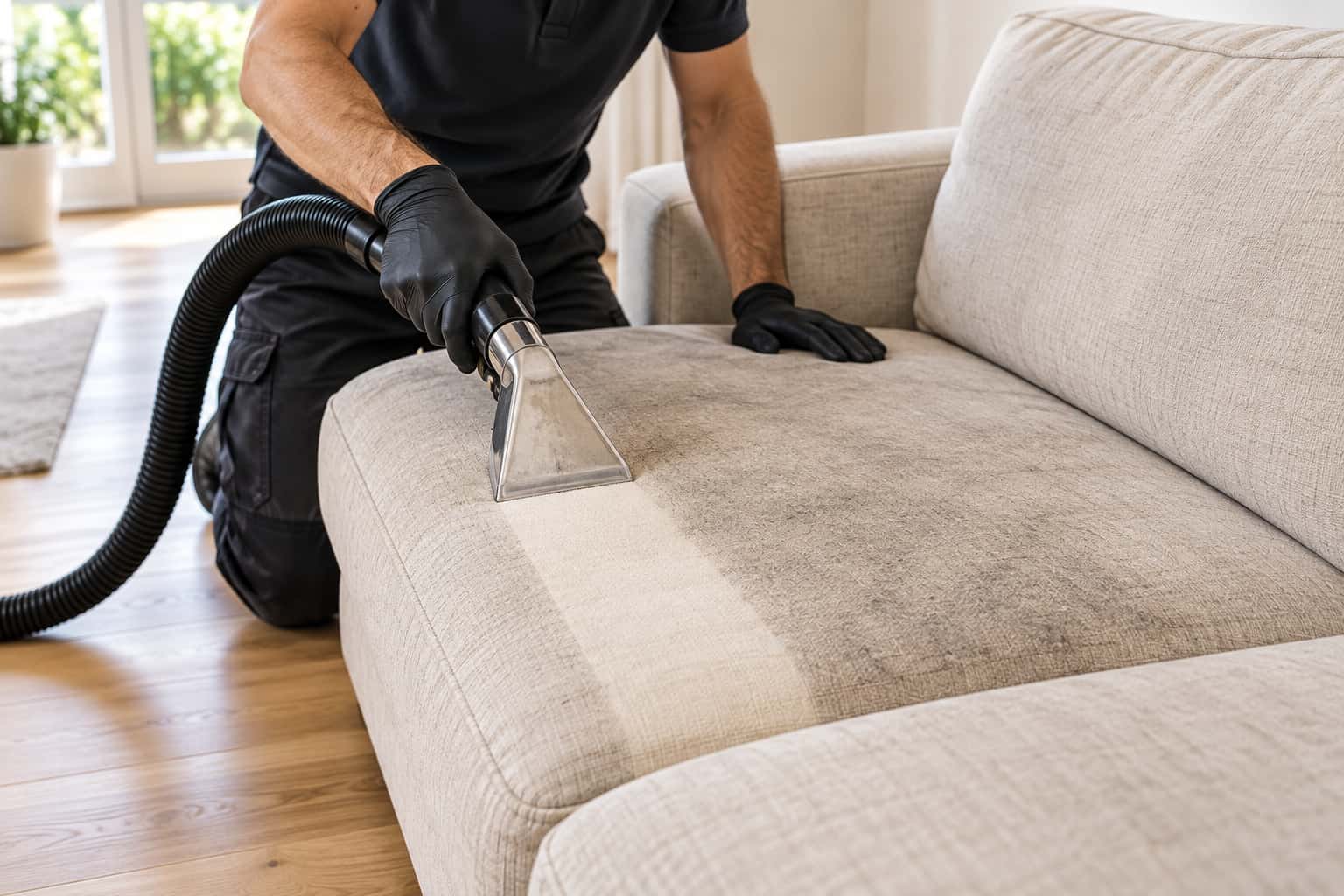 Helles Sofa reinigen lassen – Shikardos Frankfurt Reinigungsprofi in dunklem Arbeitspolo und Nitrilhandschuhen zieht eine Sprühextraktionsdüse über das grau gewordene Sitzkissen eines hellen Stoffsofas und hinterlässt eine frische, cremeweiße Spur. So holt Shikardos Reinigung die Originalfarbe heller Sofas in Frankfurt zurück – direkt beim Kunden zu Hause.