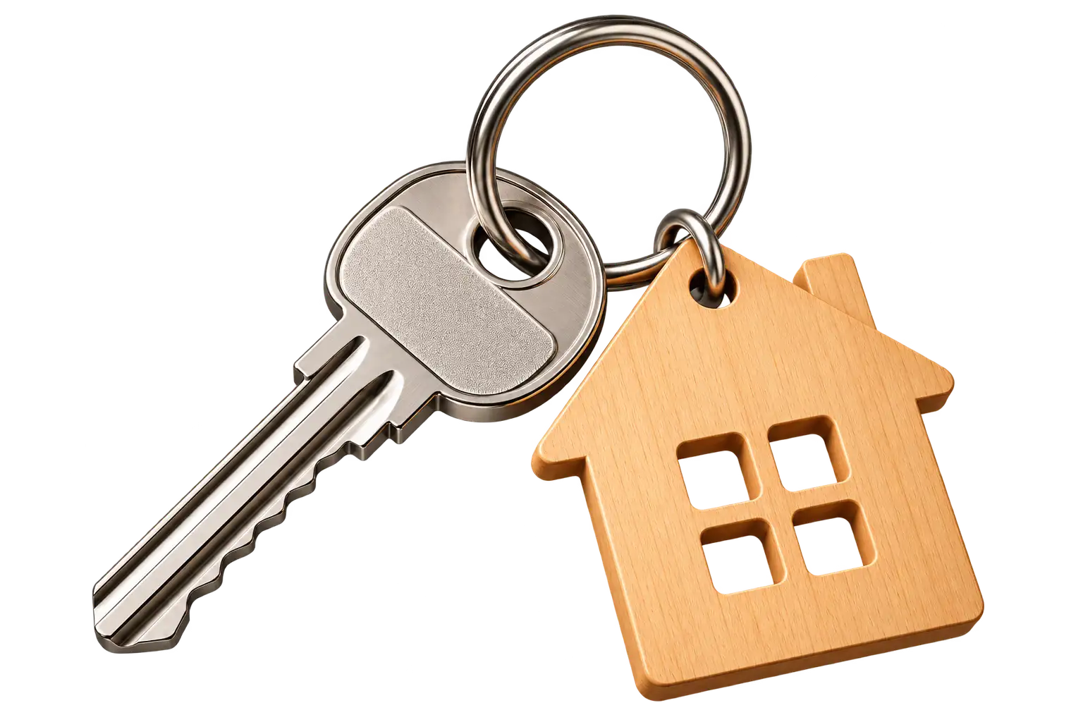 Wohnungsschl&uuml;ssel mit einem kleinen Holzanh&auml;nger in Hausform auf hellem Hintergrund, als Symbol f&uuml;r die Wohnungs&uuml;bergabe. Vor dem Auszug aus einer Raucherwohnung entfernt Shikardos Reinigung in Frankfurt Rauchgeruch aus Sofa und Polster.