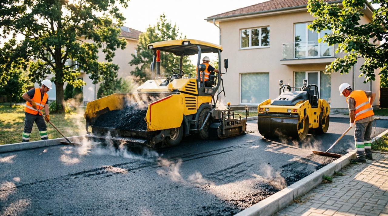 Полагане и машинно уплътняване на асфалт при асфалтиране на двор в София
